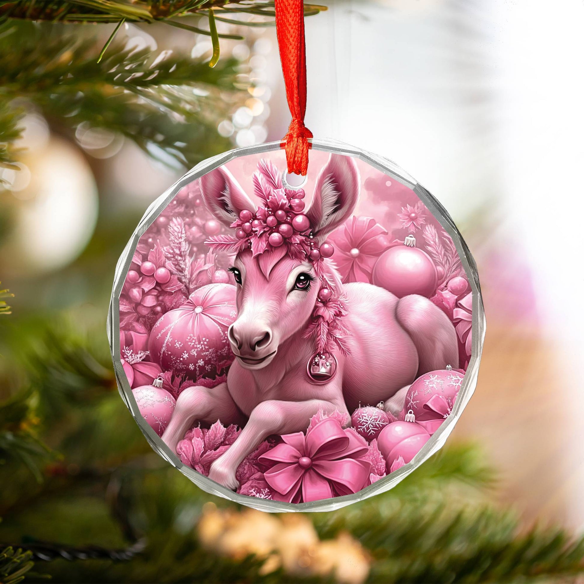 Mule Pink Christmas Design 2 Glass Ornament