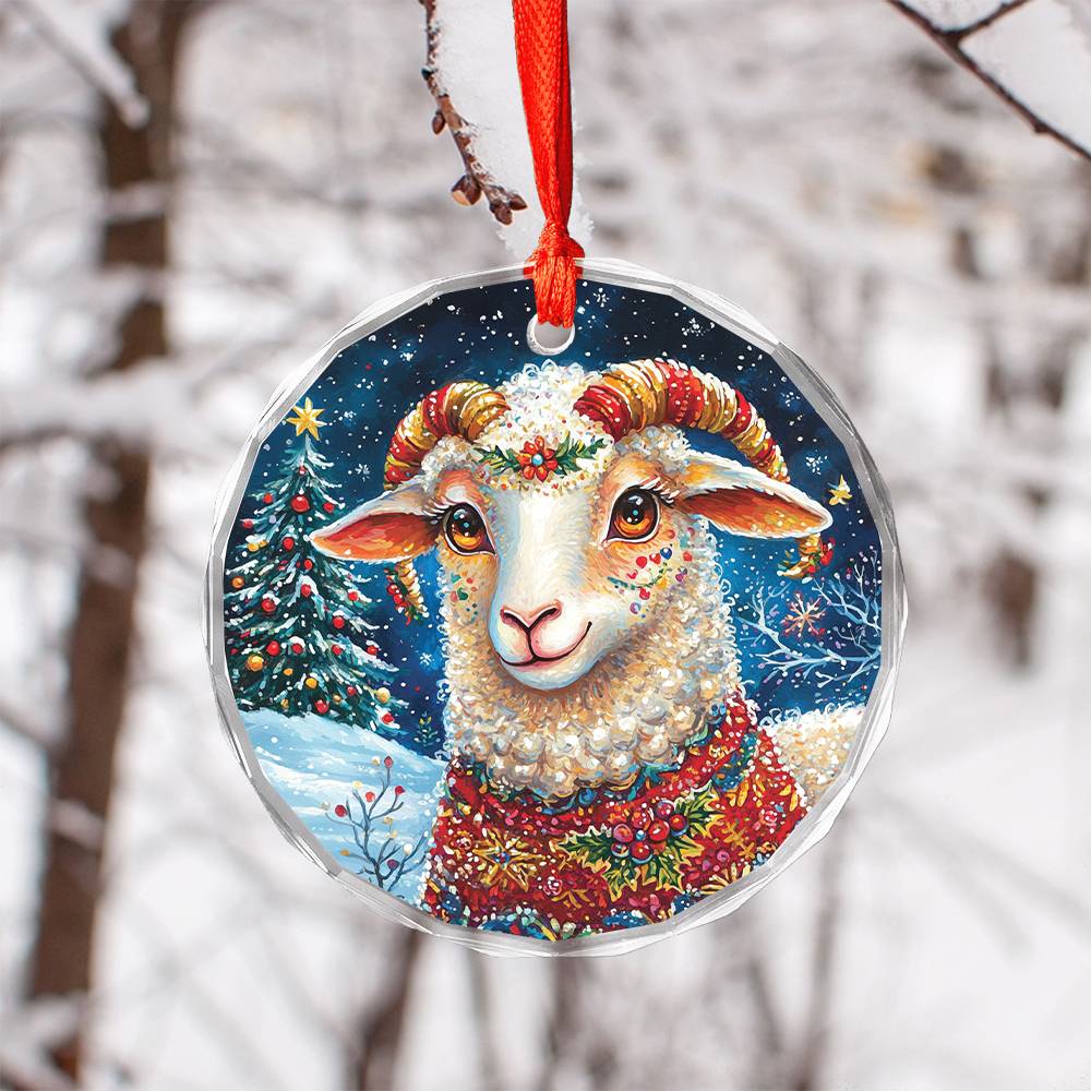 Beautiful Sheep Christmas Night Design 2 Glass Ornament