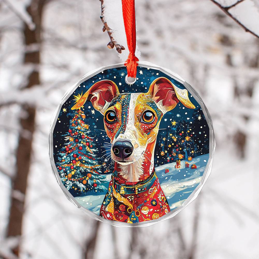 Beautiful Whippet Dog Christmas Night Design 4 Glass Ornament