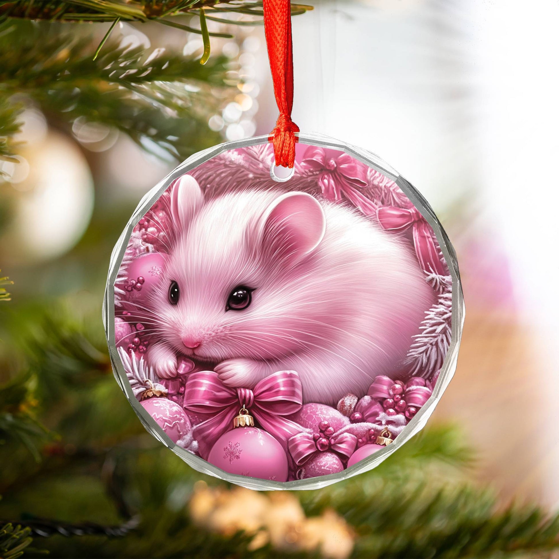 Hamster Pink Christmas Design 2 Glass Ornament