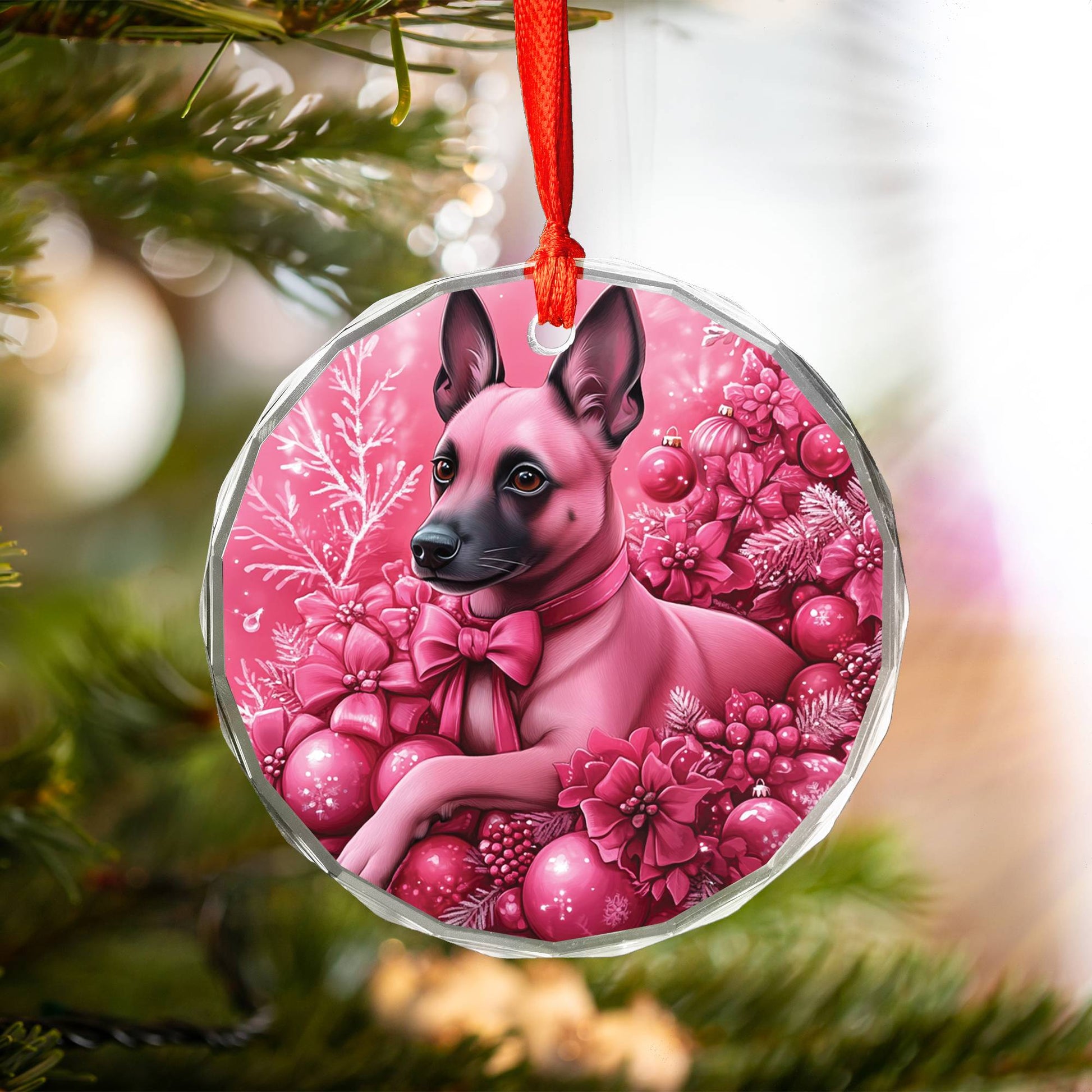 Belgian Malinoi Dog Pink Christmas Design 2 Glass Ornament