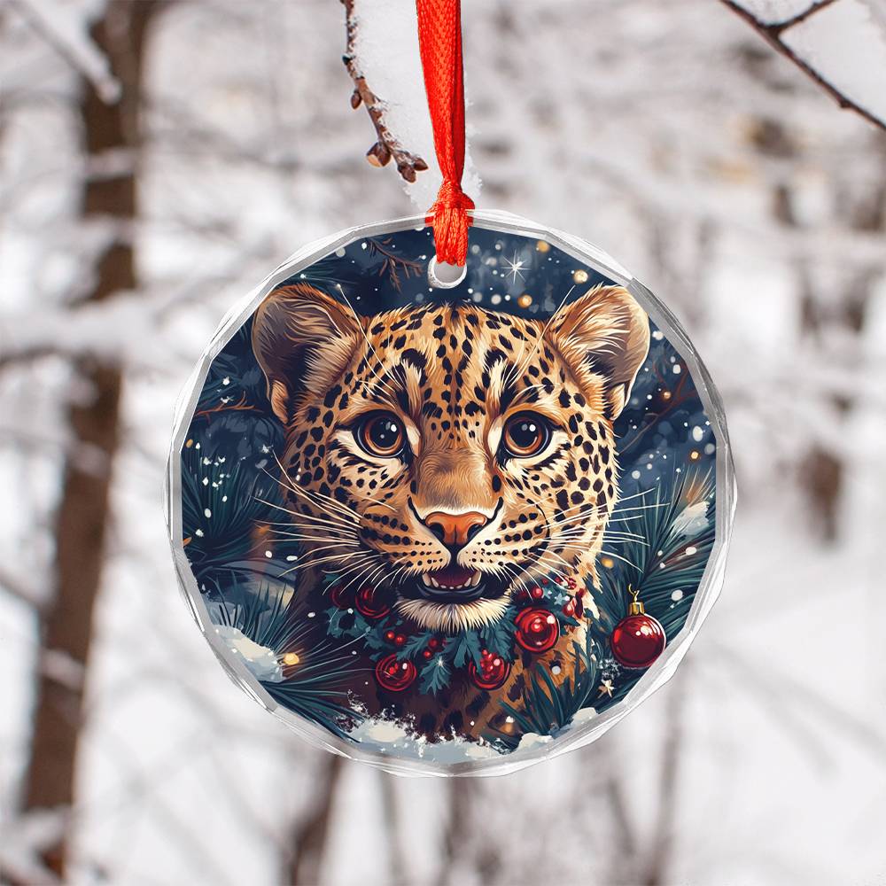 Beautiful Leopard Christmas Night Design 1 Glass Ornament