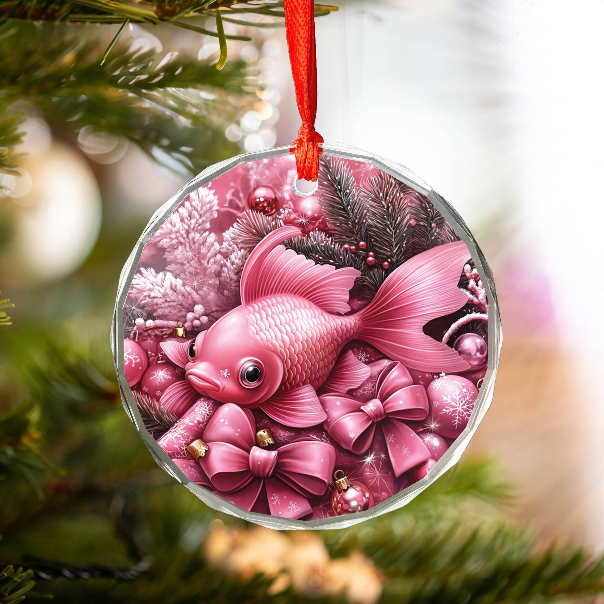 Goldfish Pink Christmas Design 2 Glass Ornament