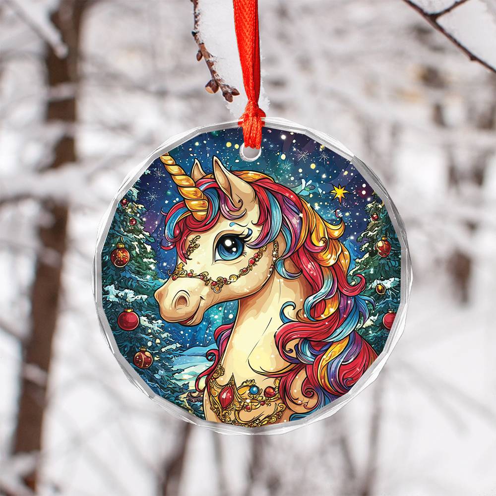 Beautiful Angus Unicorn Christmas Night Design 4 Glass Ornament
