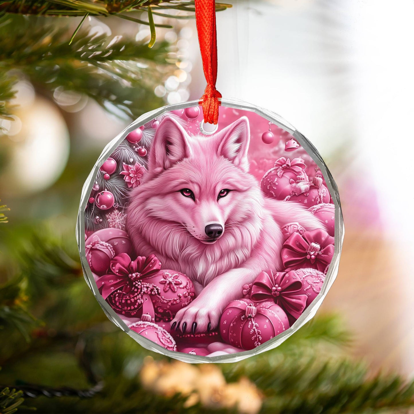 Wolf Pink Christmas Design 3 Glass Ornament