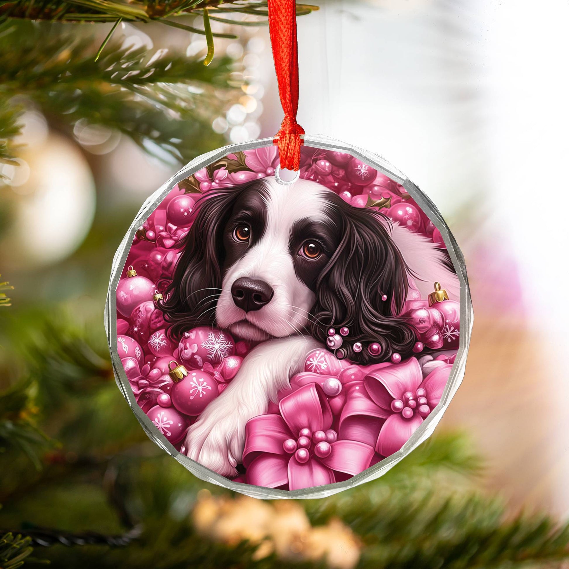 English Springer Spaniel Dog Pink Christmas Design 4 Glass Ornament
