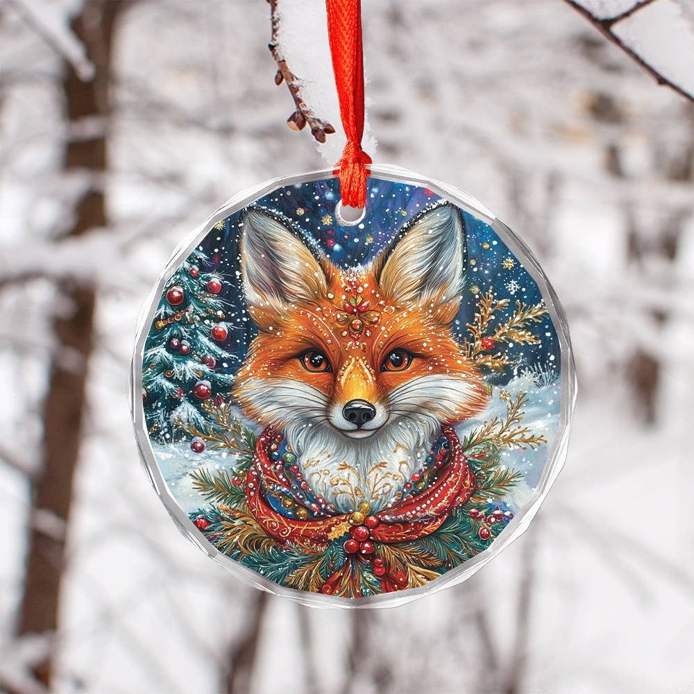 Beautiful Angus Fox Christmas Night Design 1 Glass Ornament