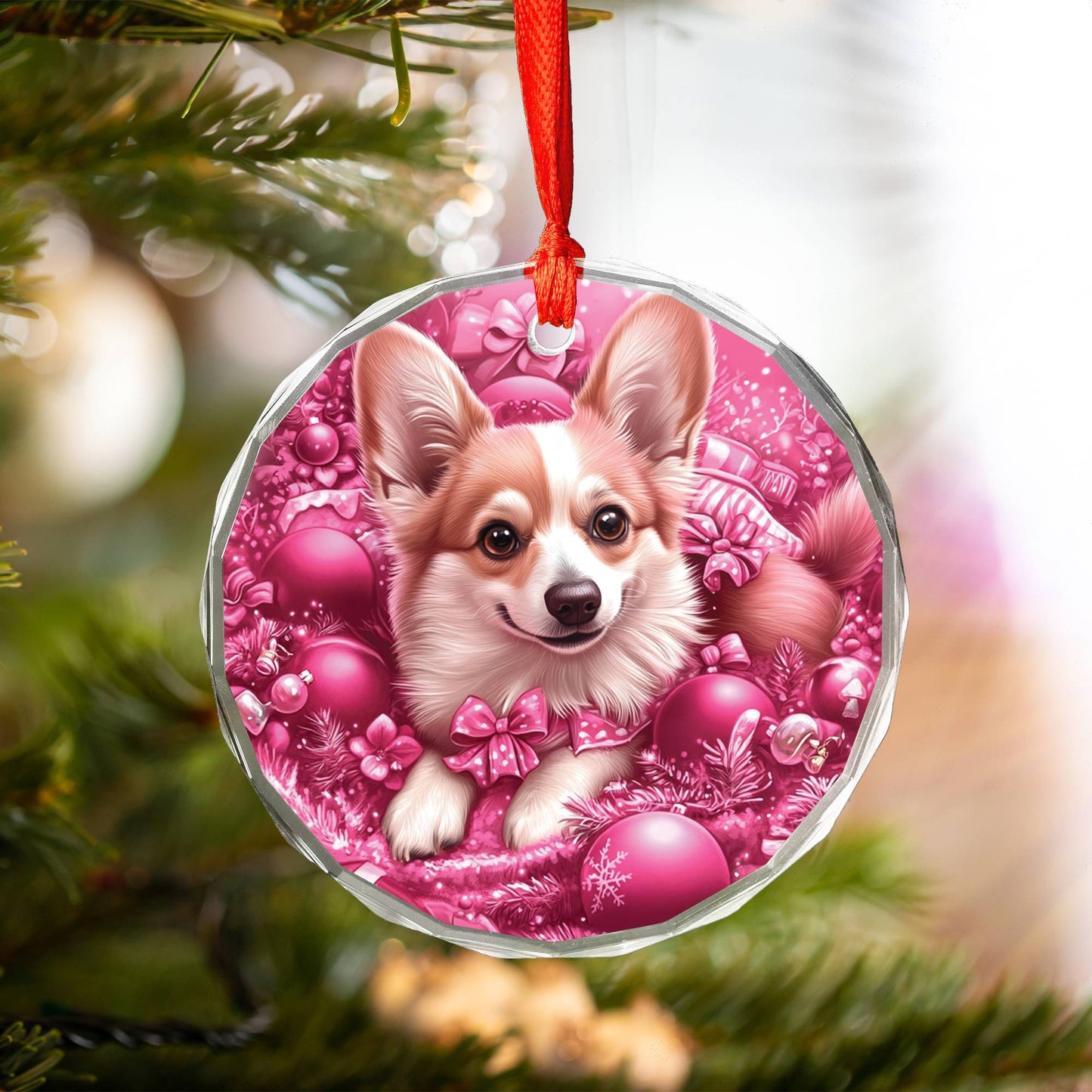 Pembroke Welsh Corgi Dog Pink Christmas Design 1 Glass Ornament