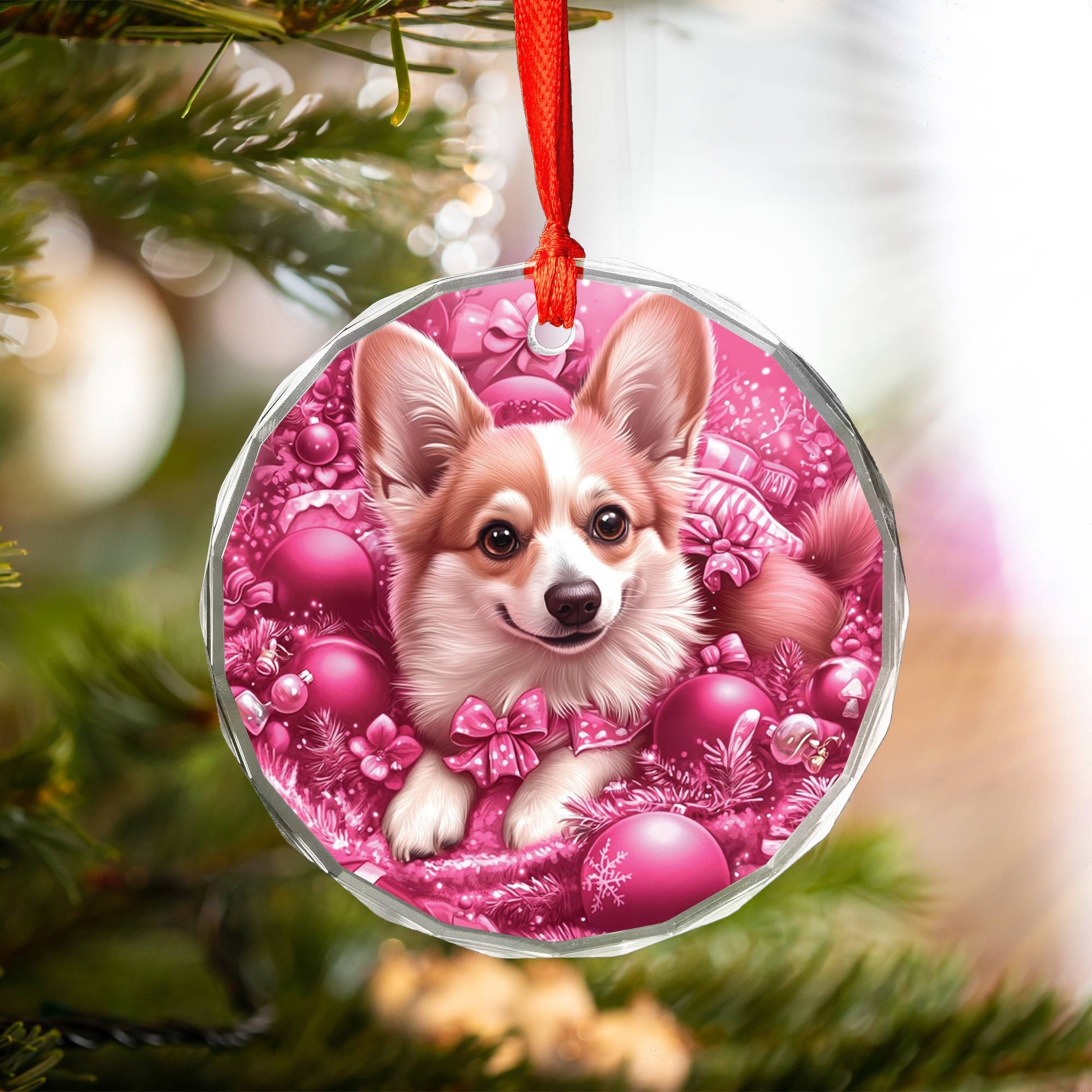 Pembroke Welsh Corgi Dog Pink Christmas Design 1 Glass Ornament