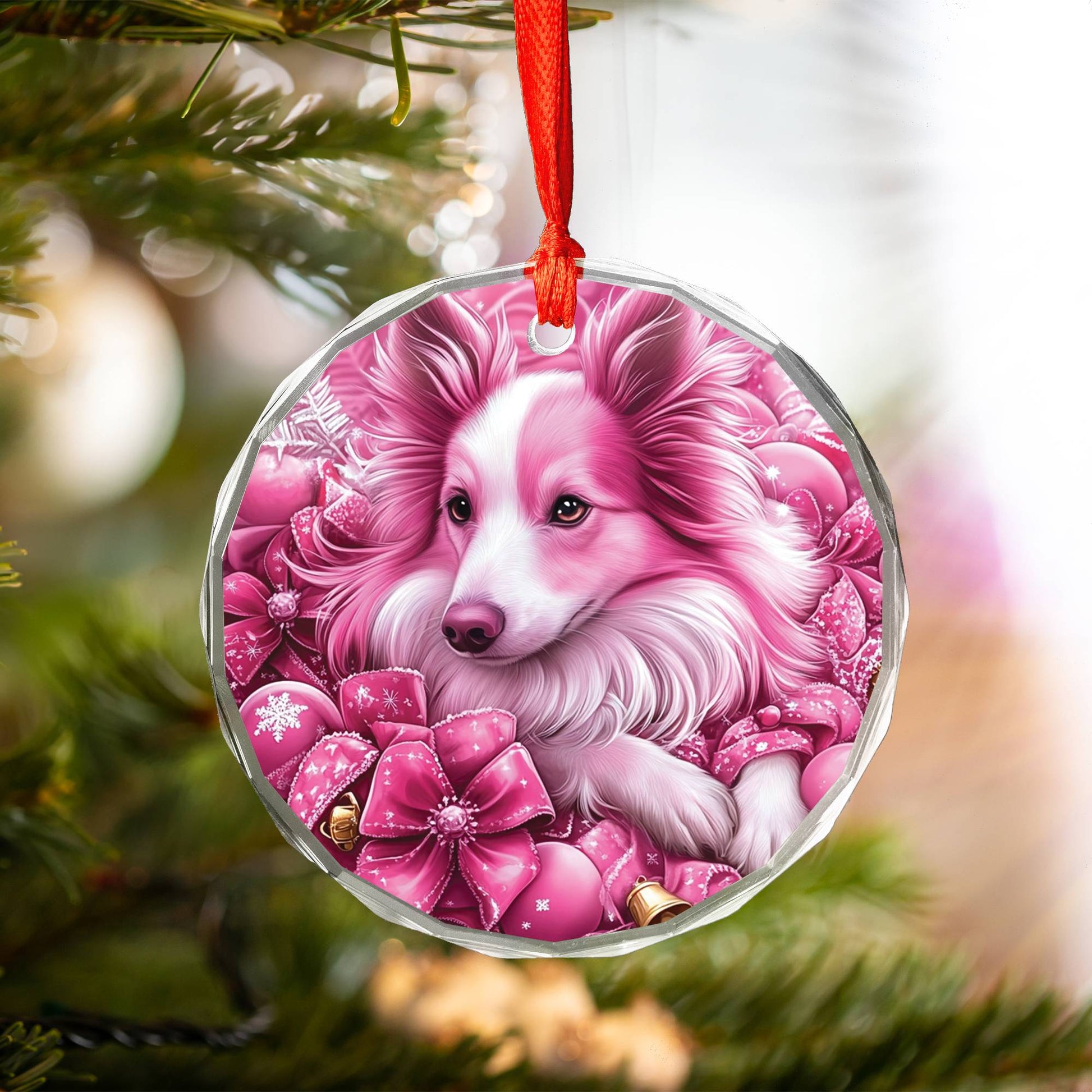 Collie Dog Pink Christmas Design 4 Glass Ornament