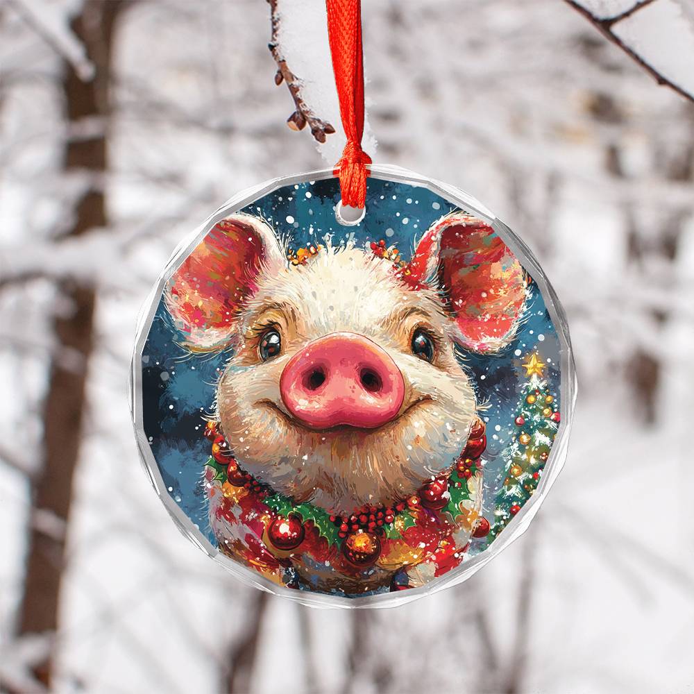Beautiful Pig Christmas Night Design 2 Glass Ornament