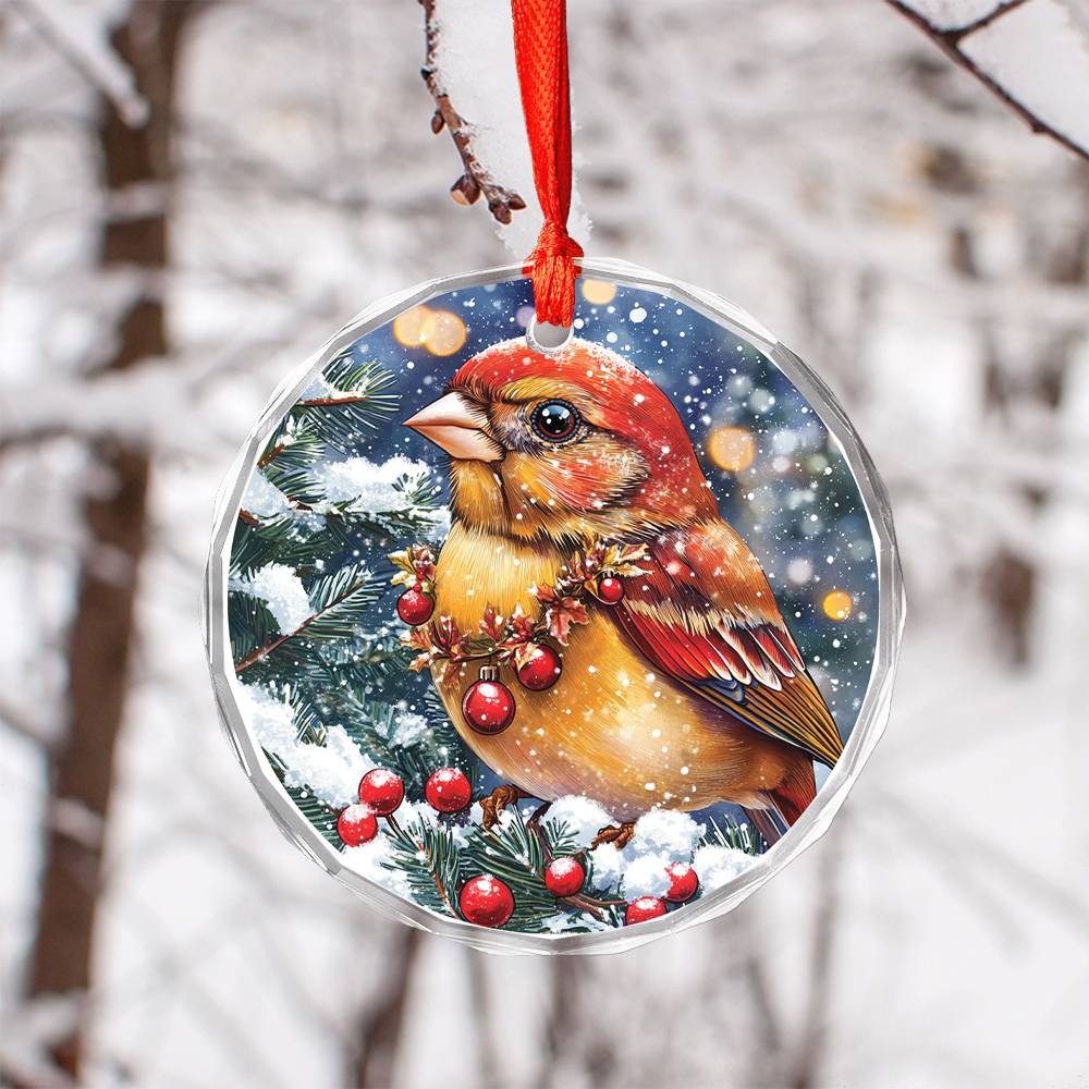 Beautiful Finch Christmas Night Design 3 Glass Ornament