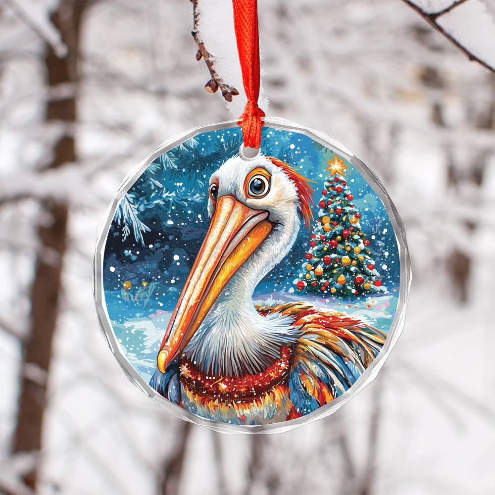 Beautiful Pelican Christmas Night Design 1 Glass Ornament