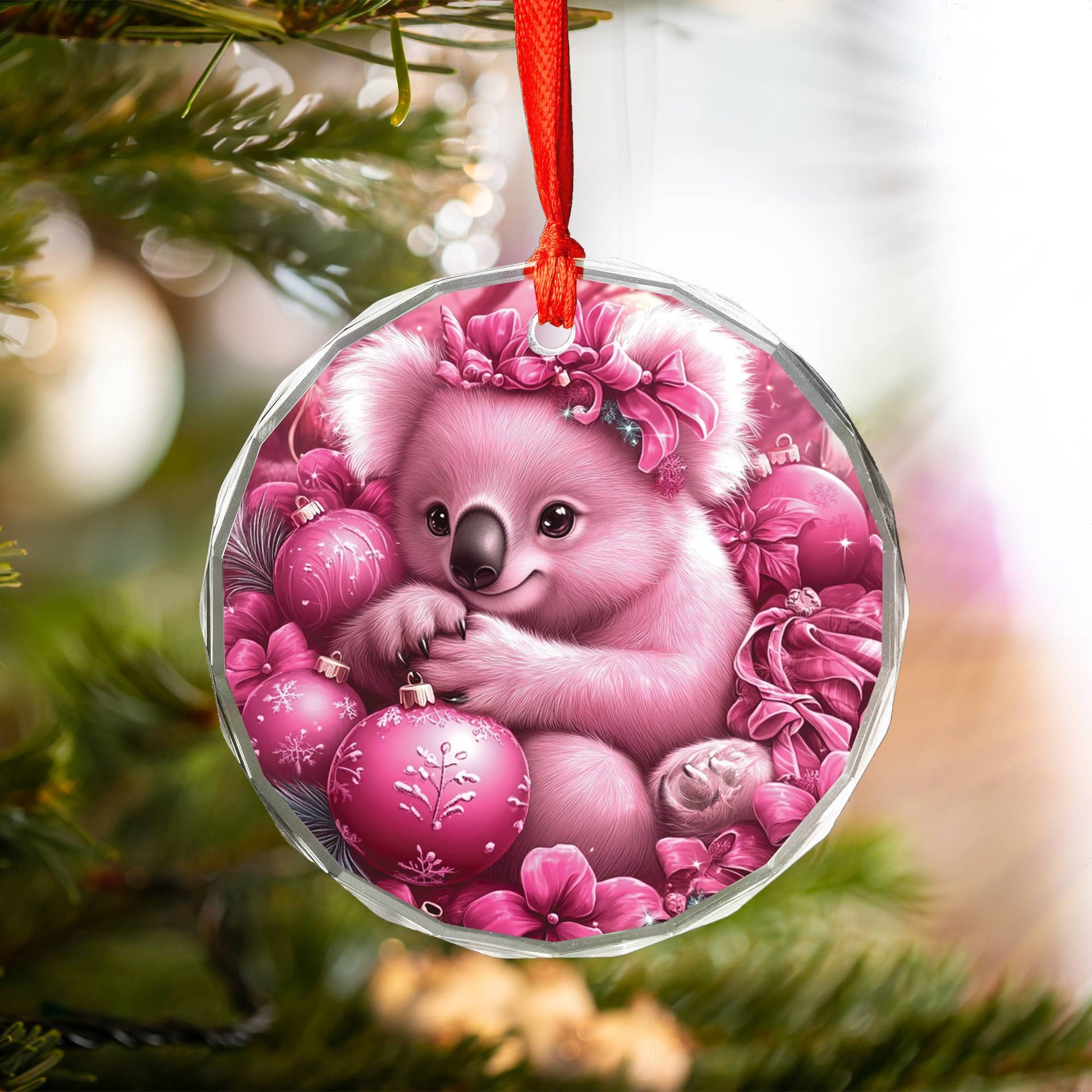 Koala Pink Christmas Design 3 Glass Ornament