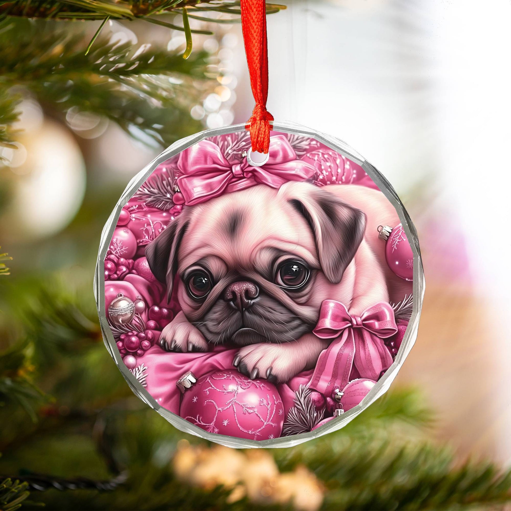 Pug Dog Pink Christmas Design 2 Glass Ornament