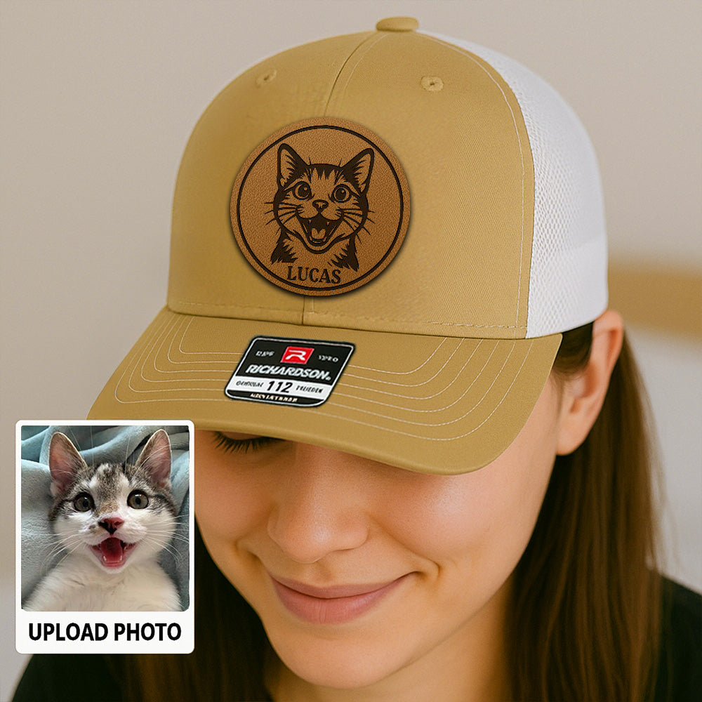 Personalized Cat Photo Leather Patch Hat | Trucker Hat With Cat Photo | Gift For Cat Lover TNGANSP038