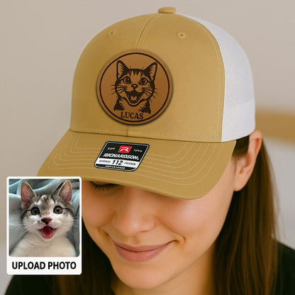 Personalized Cat Photo Leather Patch Hat | Trucker Hat With Cat Photo | Gift For Cat Lover TNGANSP038