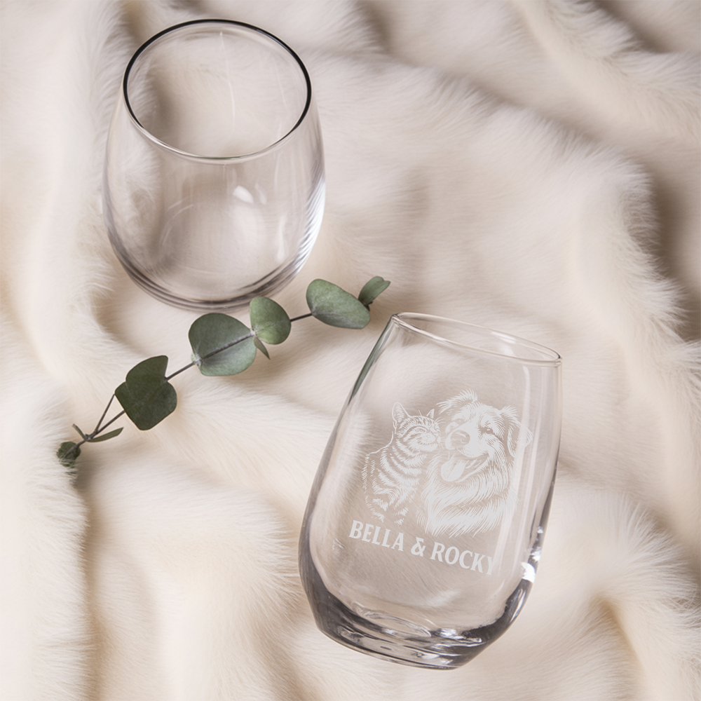 Custom Photo Dog & Cat Stemless Wine Glass | Personalized Pet Photo Stemless Wine Glass | Pet Lover Gift TNNGL15