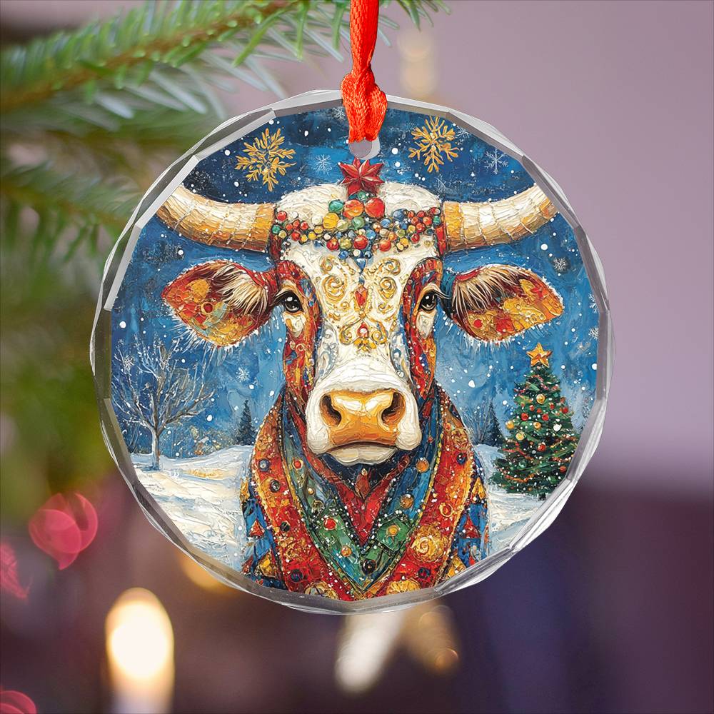 Beautiful Longhorn Cow Christmas Night Design 2 Glass Ornament