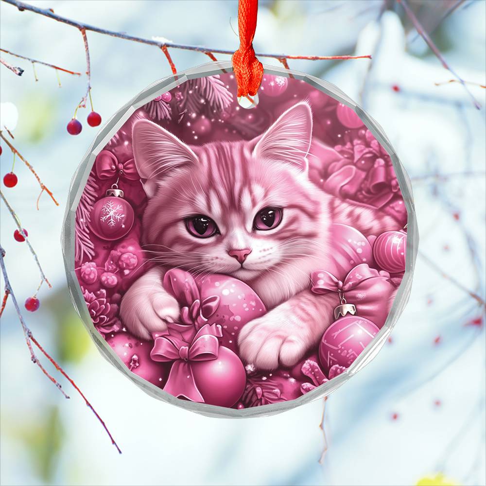 American Shorthair Pink Christmas Design 3 Glass Ornament