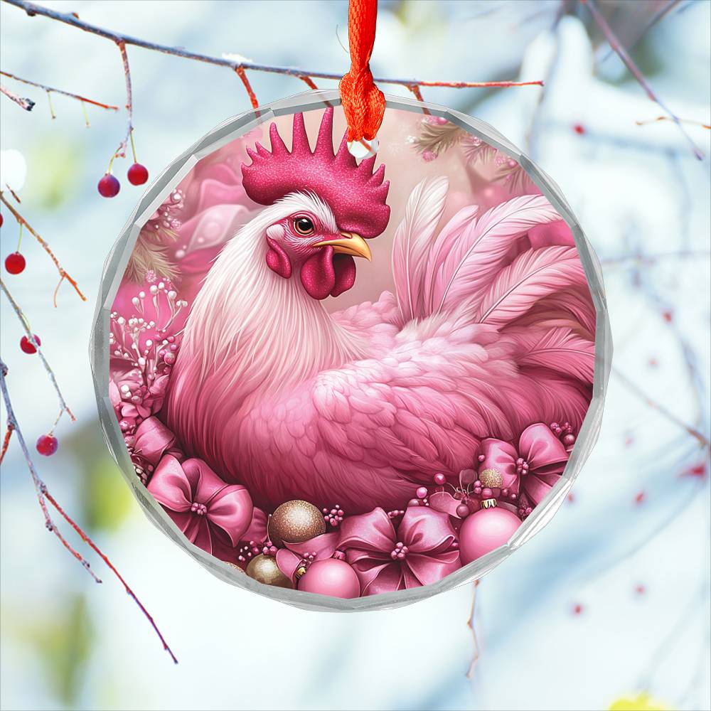 Rooster Pink Christmas Design 4 Glass Ornament