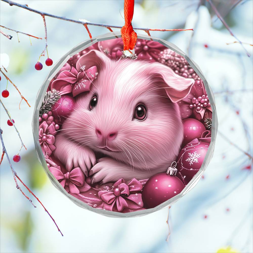 Guinea Pig Pink Christmas Design 1 Glass Ornament