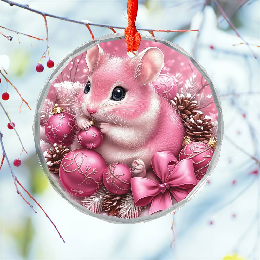 Hamster Pink Christmas Design 1 Glass Ornament