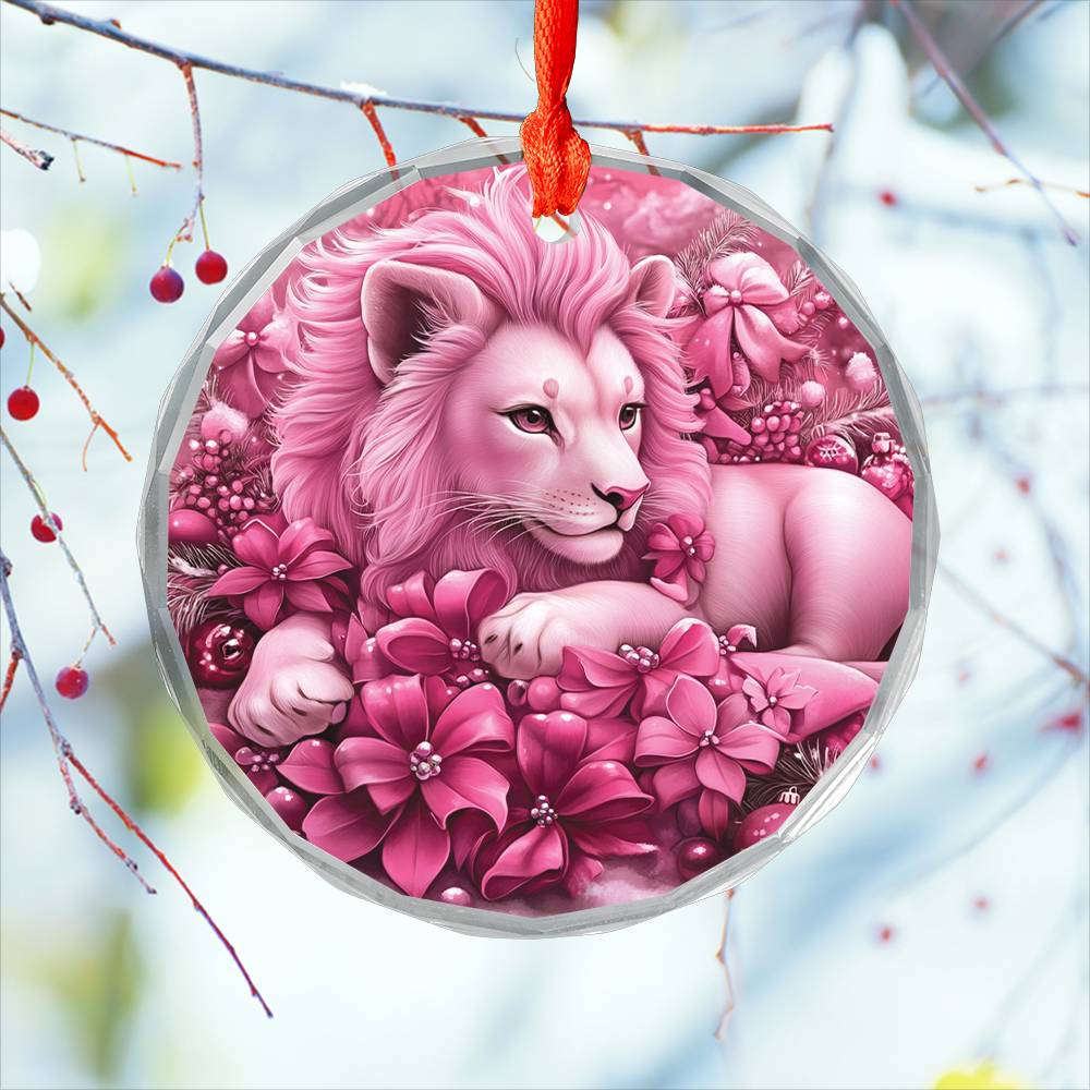 Lion Pink Christmas Design 1 Glass Ornament