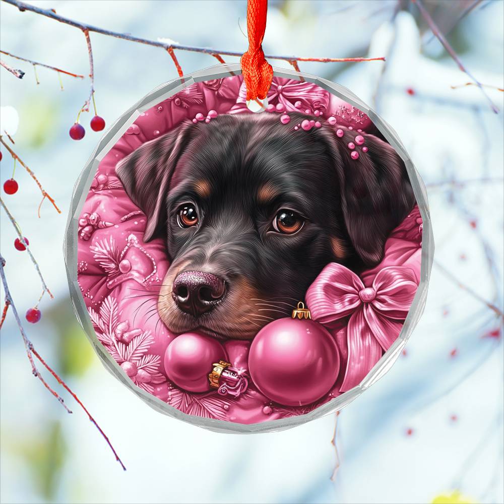 Christmas Rottweiler Dog Pink Christmas Design 2 Glass Ornament