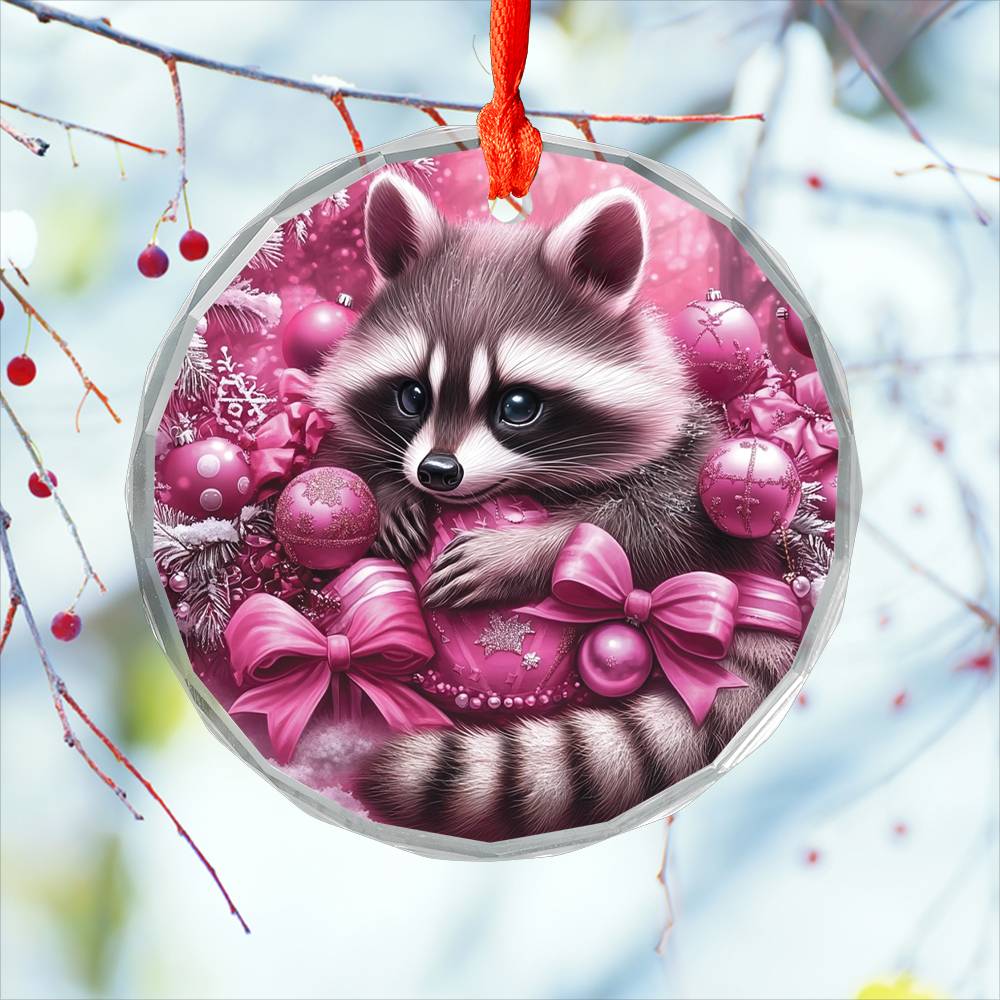 Racoon Pink Christmas Design 1 Glass Ornament