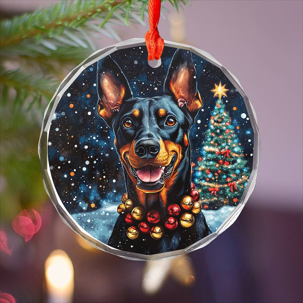 Beautiful Angus Doberman Pinscher Dog Christmas Night Design 4 Glass Ornament