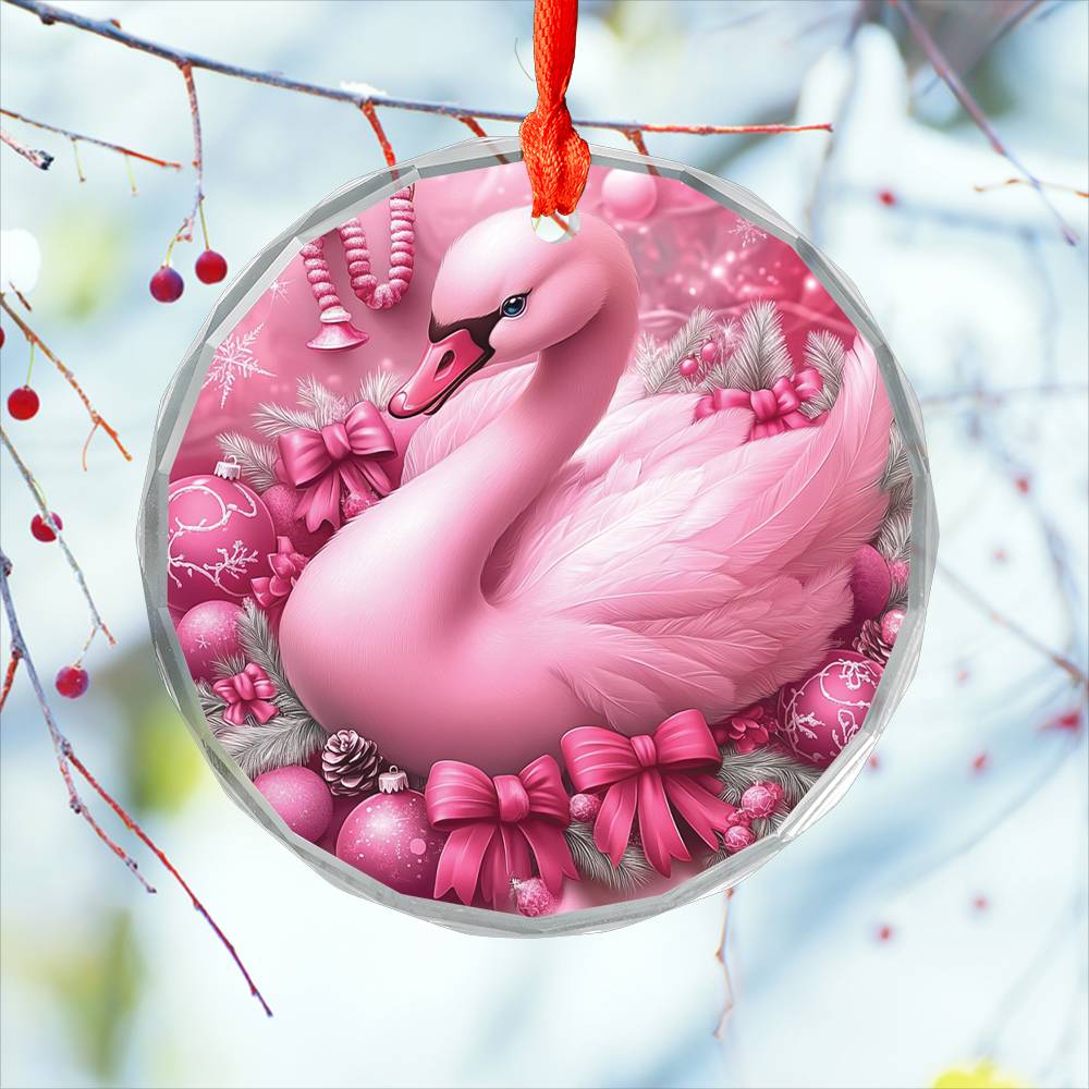 Swan Pink Christmas Design 3 Glass Ornament