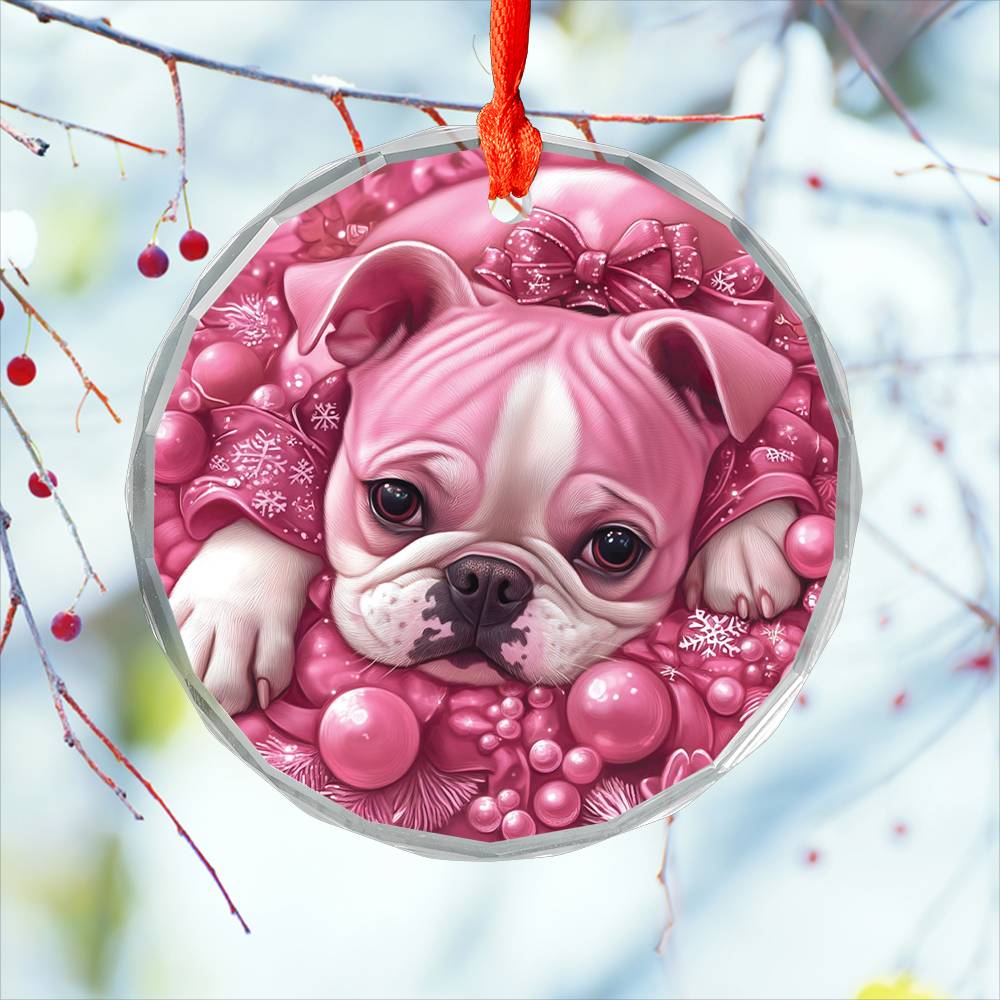 Bulldog Pink Christmas Design 2 Glass Ornament