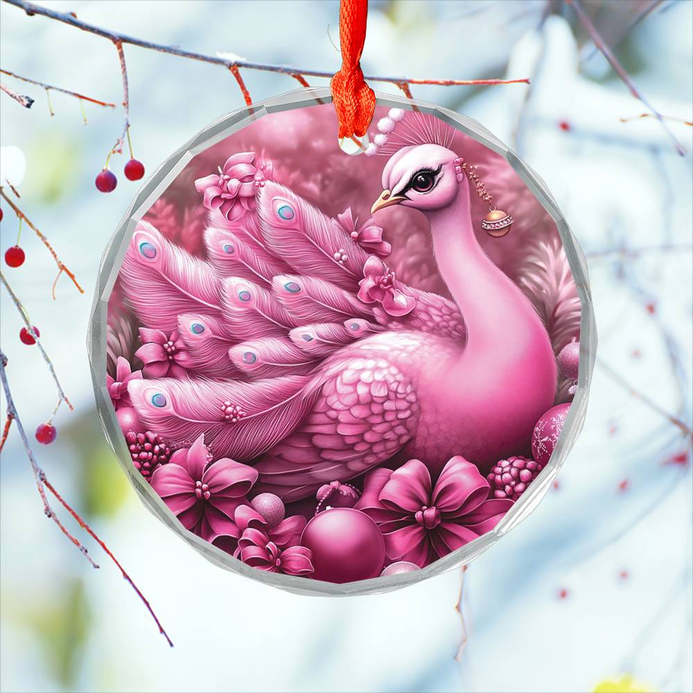 Peacock Pink Christmas Design 2 Glass Ornament