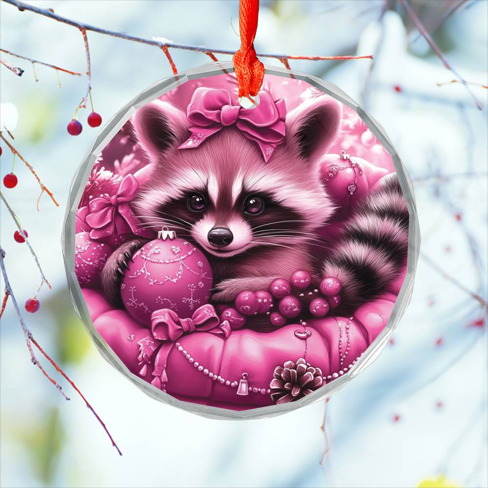 Racoon Pink Christmas Design 2 Glass Ornament