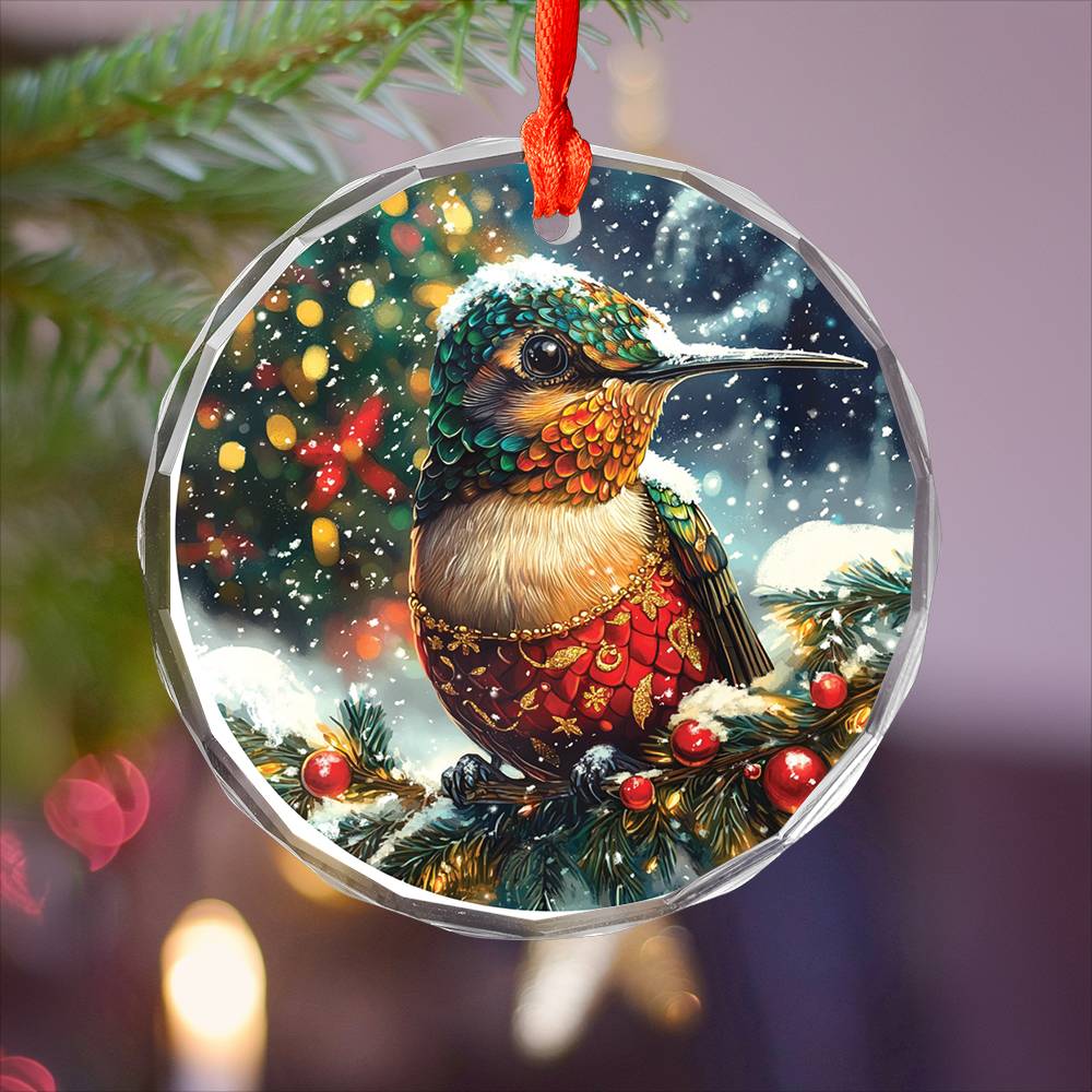 Beautiful Hummingbird Christmas Night Design 3 Glass Ornament