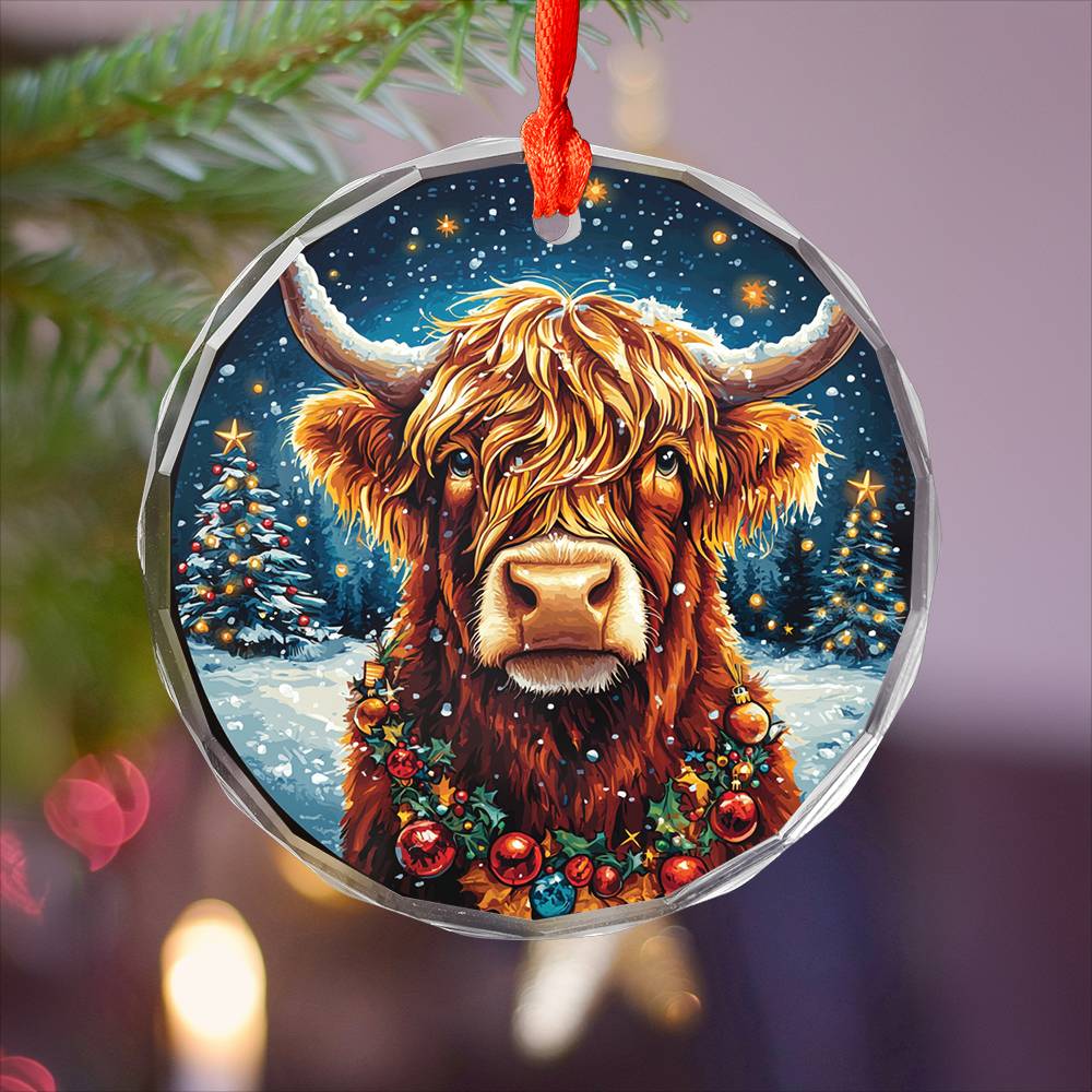 Beautiful Highland Cow Christmas Night Design 4 Glass Ornament