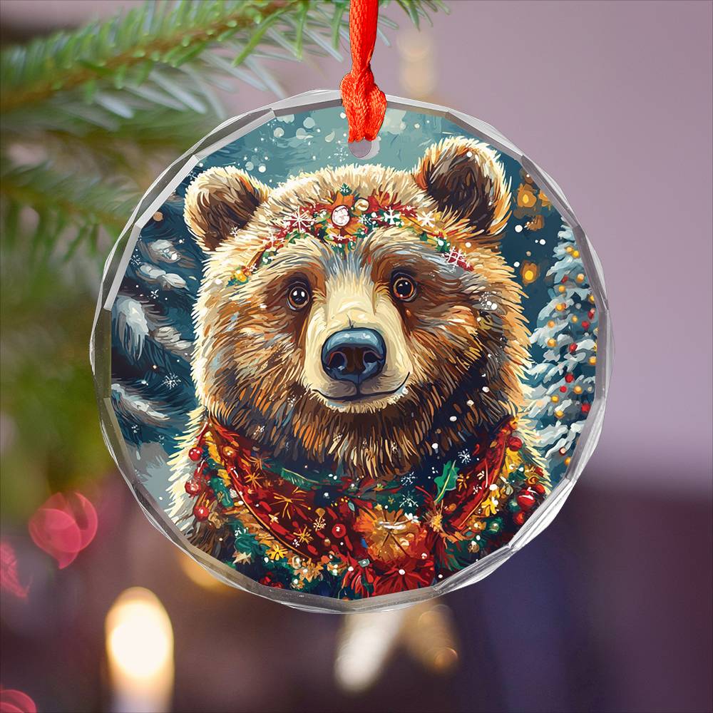 Beautiful Angus Grizzly Bear Christmas Night Design 2 Glass Ornament