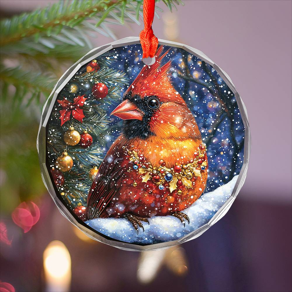 Beautiful Cardinal Christmas Night Design 3 Glass Ornament