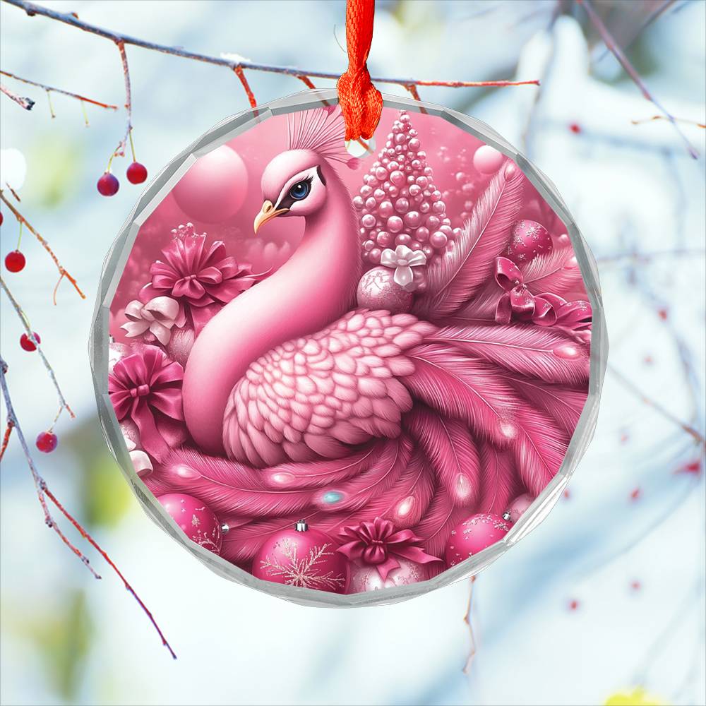 Peacock Pink Christmas Design 1 Glass Ornament