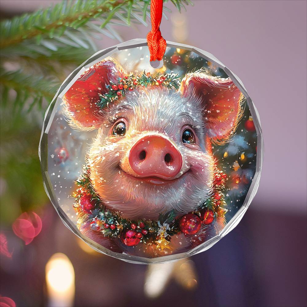 Beautiful Pig Christmas Night Design 3 Glass Ornament