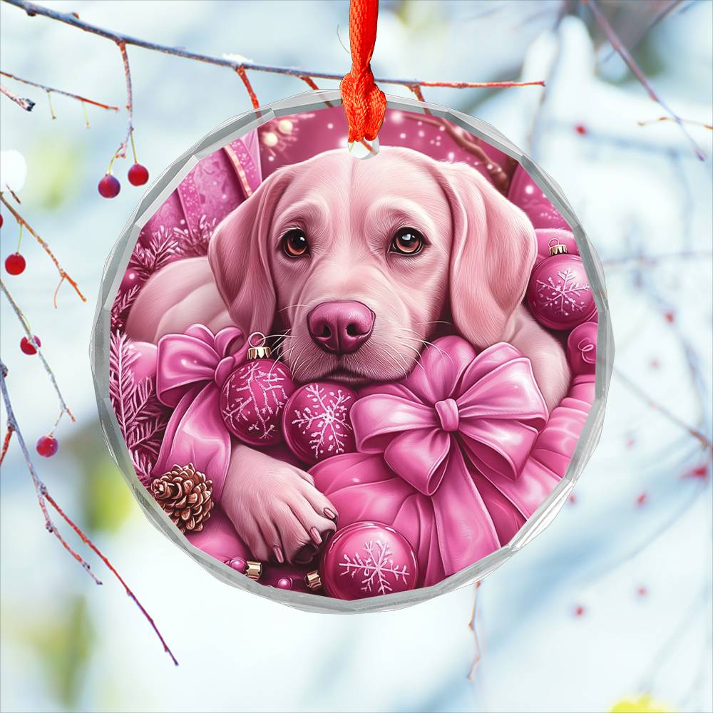 Labrador Retriever Dog Pink Christmas Design 4 Glass Ornament