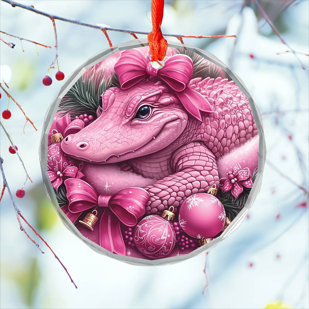 Alligator Pink Christmas Design 1 Glass Ornament