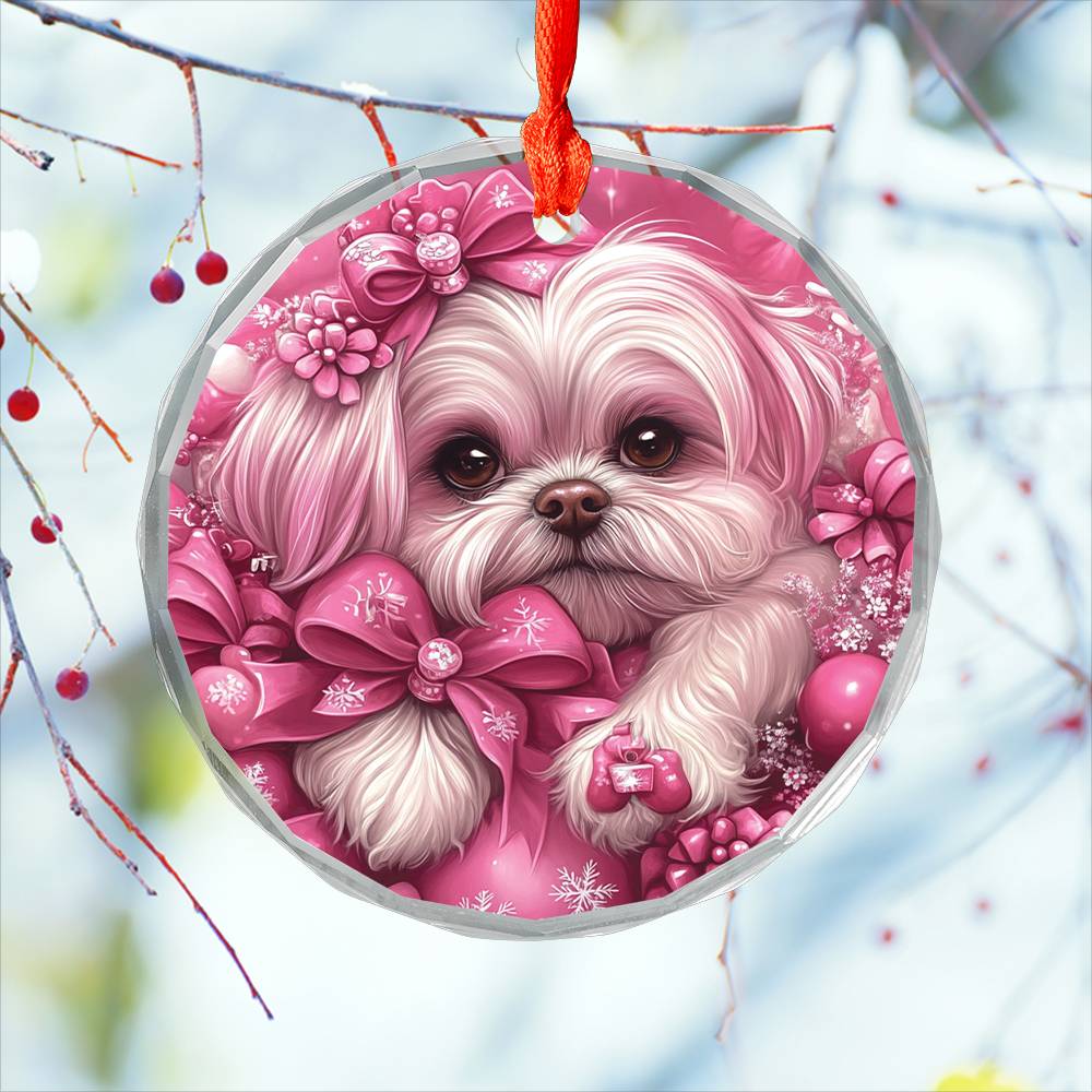 Shih Tzu Dog Pink Christmas Design 3 Glass Ornament