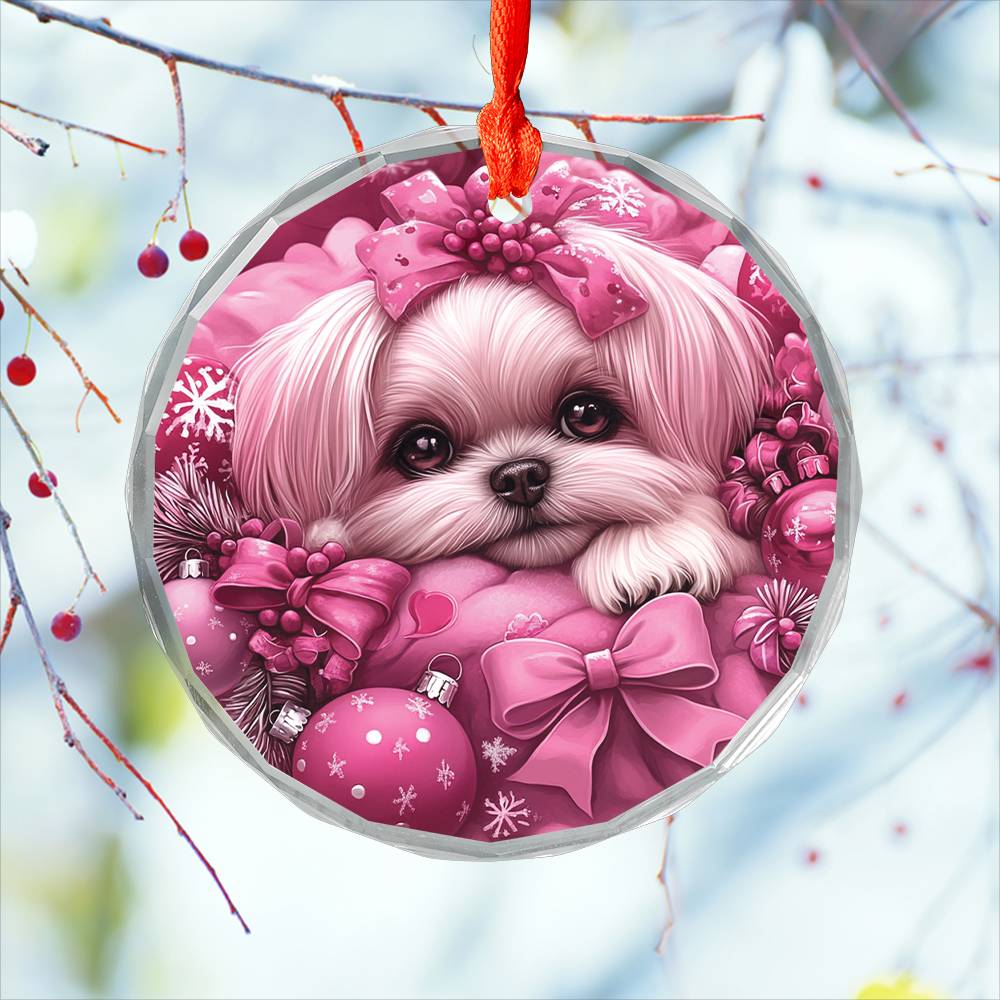 Shih Tzu Dog Pink Christmas Design 2 Glass Ornament