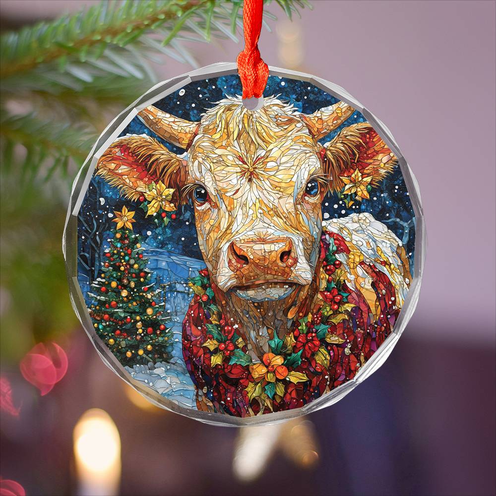 Beautiful Hereford Cow Christmas Night Design 2 Glass Ornament