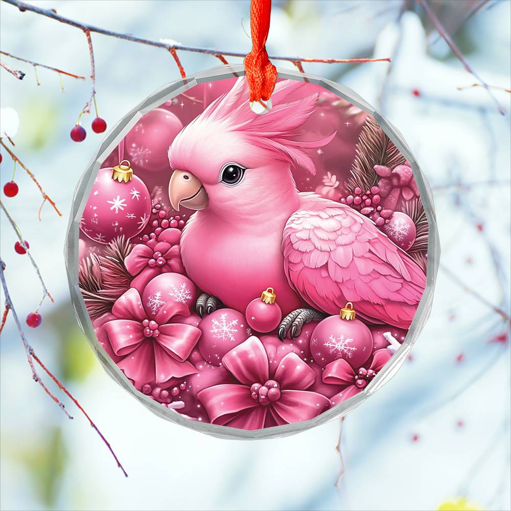 Parrot Pink Christmas Design 4 Glass Ornament