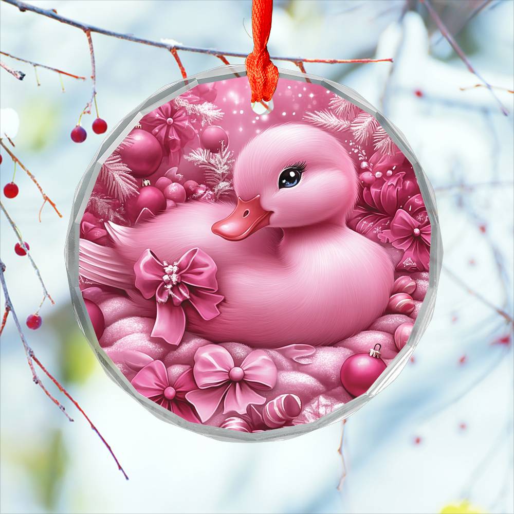 Duck Pink Christmas Design 2 Glass Ornament