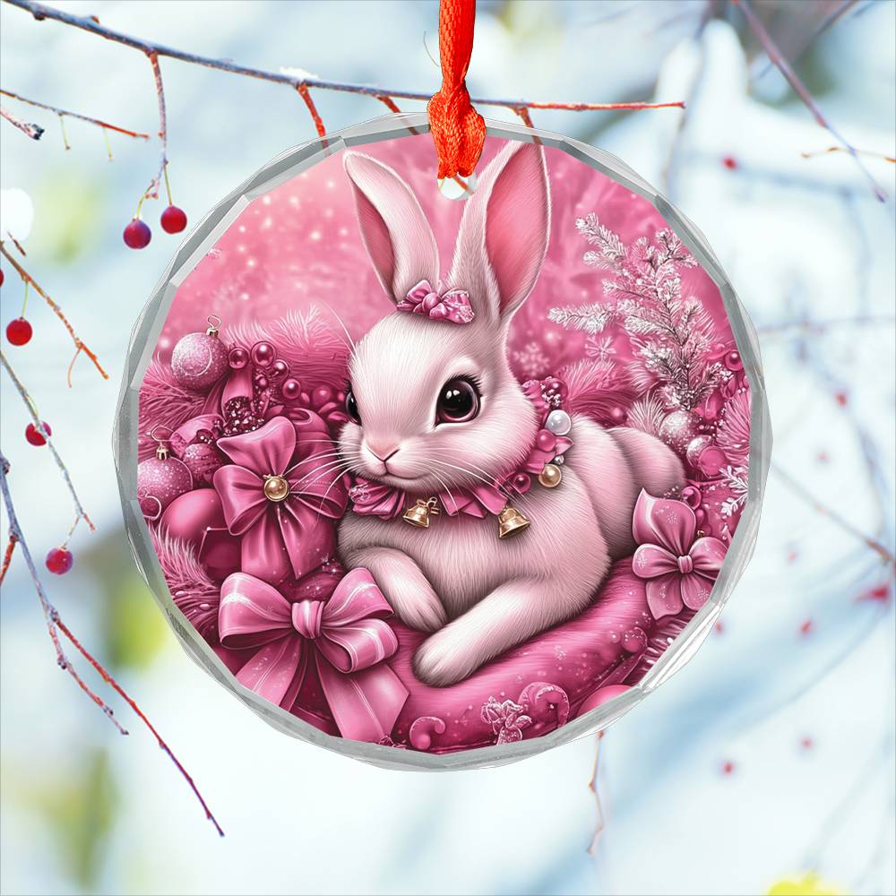 Rabbit Pink Christmas Design 4 Glass Ornament