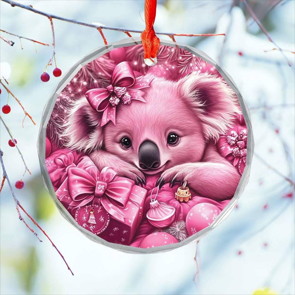 Koala Pink Christmas Design 1 Glass Ornament